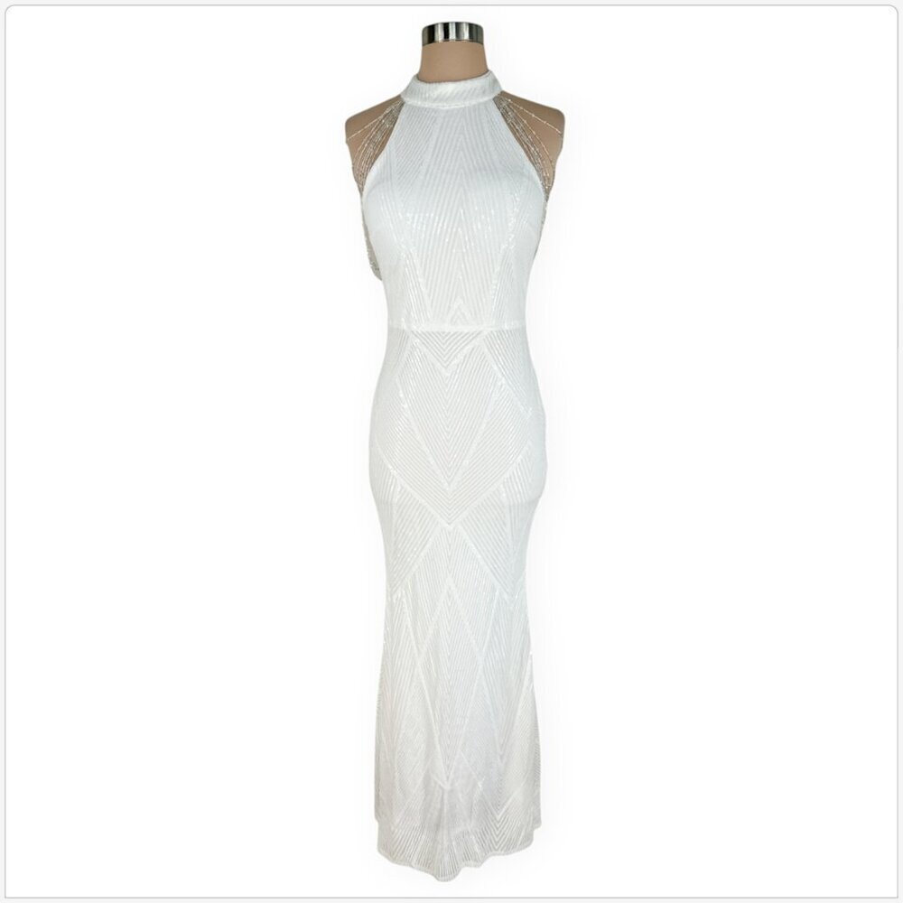 Elegant White Maxi Dress with Beaded Shoulder Chains - Picture 3 of 6